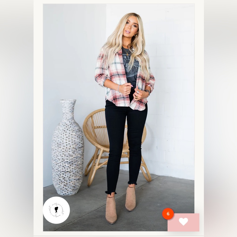 Love Tree Plaid Button Down Shirt - Pink and White
